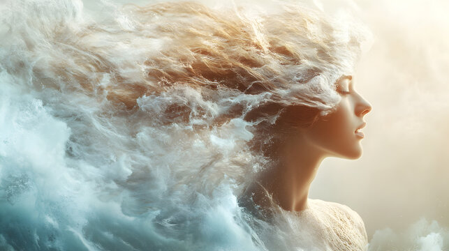 blend of a woman’s face and the golden hues of autumn leaves, embodying change, nostalgia, and the beauty of seasonal transformation 