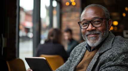 Obraz premium Senior man with glasses showing pleasant expression while using tablet in cozy cafe setting