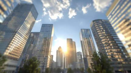 A vibrant city skyline at sunset, showcasing towering skyscrapers and a clear blue sky