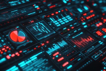 Close-up of glowing pie chart and bar graphs, red and blue neon, cyberpunk style, dark background, investment visualization