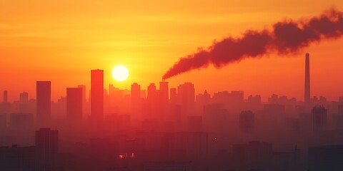 A stunning sunset over a city skyline, with smoke rising from buildings, highlighting urban pollution and environmental concerns.