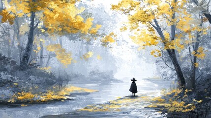 Obraz premium Autumnal forest path, lone figure, misty scene, nature's tranquility, ideal for fantasy settings