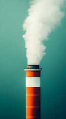 A tall chimney emits white smoke against a muted teal background, symbolizing industrial activity and air pollution.