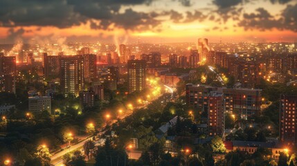 Fototapeta premium Vibrant city skyline at sunset showcasing illuminated buildings and bustling streets below