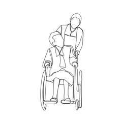 Continuous line drawing of professional caregiver assisting senior man or woman in wheelchair. Wheelchair disability, rehabilitation line art.