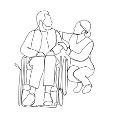 Continuous line drawing of professional caregiver assisting senior man or woman in wheelchair. Wheelchair disability, rehabilitation line art.
