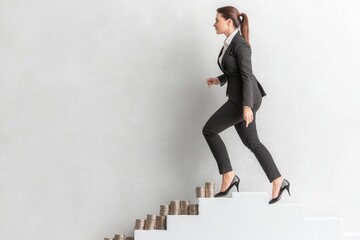 Fototapeta premium A businesswoman climbing a mountain of coins, an avalanche forming behind her, [financial instability], [emphasizing precarious growth].
