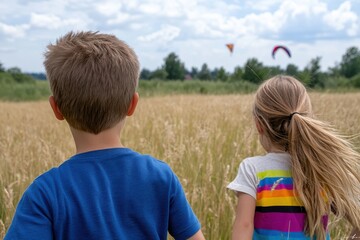 Fototapeta premium Two children joyfully explore a sunlit wheat field, capturing the essence of childhood adventure and the beauty of nature on a clear day with distant kites flying.