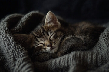 A peaceful sleeping kitten nestled in a cozy gray blanket, creating a warm and serene atmosphere