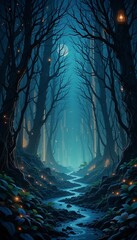 Enchanting Moonlit Stream Flows Through A Mystical Forest