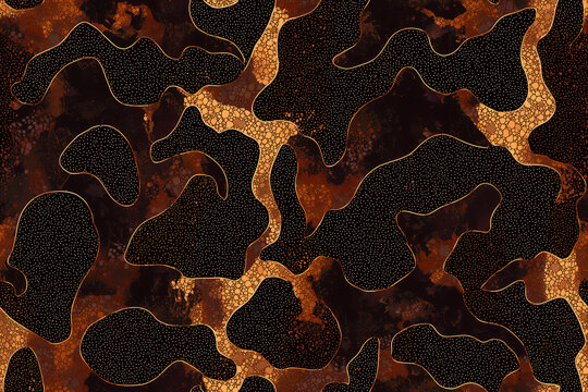 Abstract Tortoiseshell Camo:  A luxurious, abstract tortoiseshell pattern featuring rich dark browns, blacks, and shimmering gold accents.  The design evokes a sense of sophistication and edgy style.