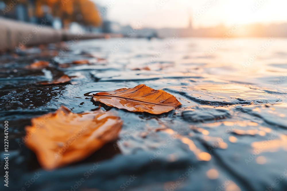 Poster a close-up of fallen leaves on a wet surface, illuminated by the soft glow of the sunset, creating a