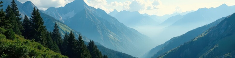 Fototapeta premium Towering pines blanket a rugged mountainside, mist swirling in valleys below , clouds, vast, mystical