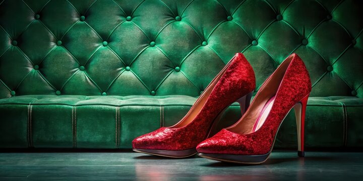 Sparkling ruby red stilettos standing alone on a lush emerald green velvet couch, accessories, ruby slippers