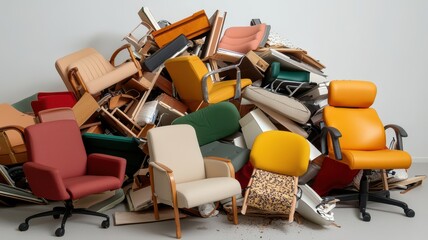 Crumbling pyramid of office chairs, [business collapse], [visual metaphor for hierarchical instability].