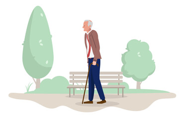Old senior man walking in park outdoors - Elderly retired grandfather male person  with cane smiling and taking a walk in nature alone. Flat design vector illustration on white background