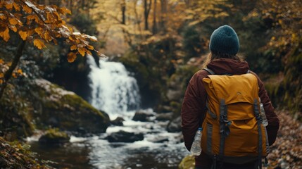 Obraz premium A traveler enjoys the vibrant autumn scenery by a peaceful waterfall and flowing stream, surrounded by colorful leaves and trees.