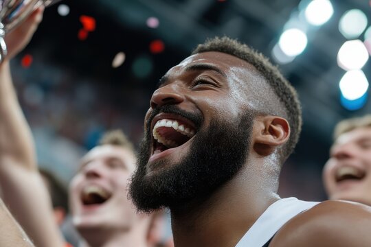 The image captures the euphoria of a basketball player celebrating a championship victory, surrounded by fellow teammates and confetti amidst a vibrant atmosphere.