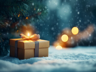 Warmly Wrapped Gift Box nestled in Snow during Magical Winter Evening Scene with Bokeh Lights