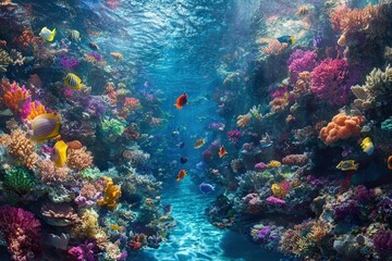 Fototapeta premium An HD view of a vibrant underwater gathering, where marine life and coral architecture meet in a vivid explosion of color, with fish
