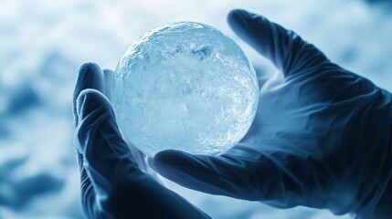 A researcher holds a spherical ice specimen under controlled conditions, showcasing innovation.