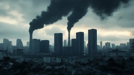 A dark, smoggy skyline with tall buildings emitting thick smoke under an overcast sky, depicting urban pollution and environmental concerns.