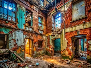 Fototapeta premium Abandoned Building Urban Exploration, Decaying Walls, Grunge Texture, Weathered Structure, Wound-Like Damage