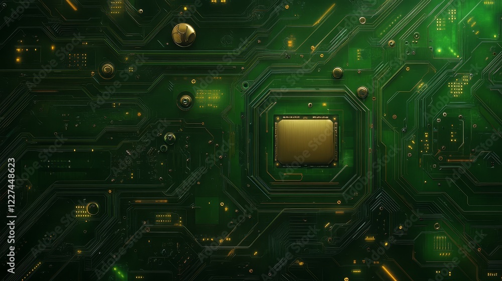 Poster golden power intricate computer circuitry with prominent gold button closeup