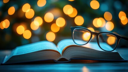 Open book with glasses, bokeh lights.