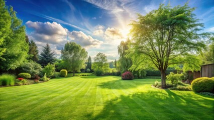 Obraz premium A serene landscape featuring a freshly cut green grass lawn in a peaceful backyard with a few trees and a sunny sky , Freshly cut grass, Nature scene
