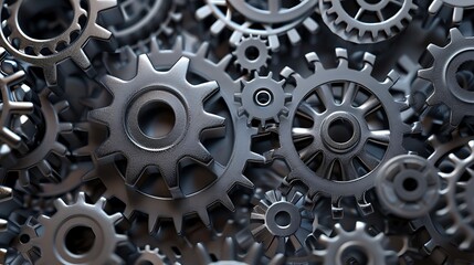 A close-up of many metal gears creates an abstract mechanical texture. The image suggests engineering, technology, and complex systems.

