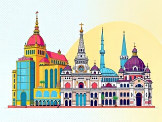 Obraz premium Vibrant Hand-Painted Architectural Landmark Patterns