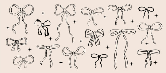 Doodle vector set of bows and ribbons. Hand drawn bow knots for greeting cards, gifts, posters, banners, invitations and party backgrounds.
