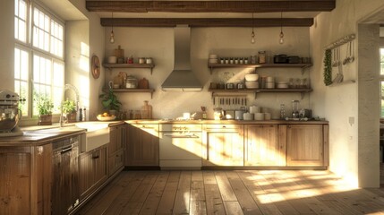 Cozy kitchen interior with wooden cabinetry, sunlight streaming through windows, and organized shelves