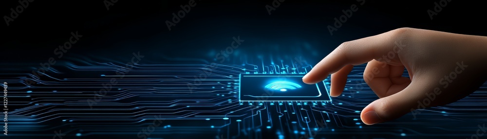Poster illuminated circuitry hand connects with glowing blue technology exploring innovation and digital fu