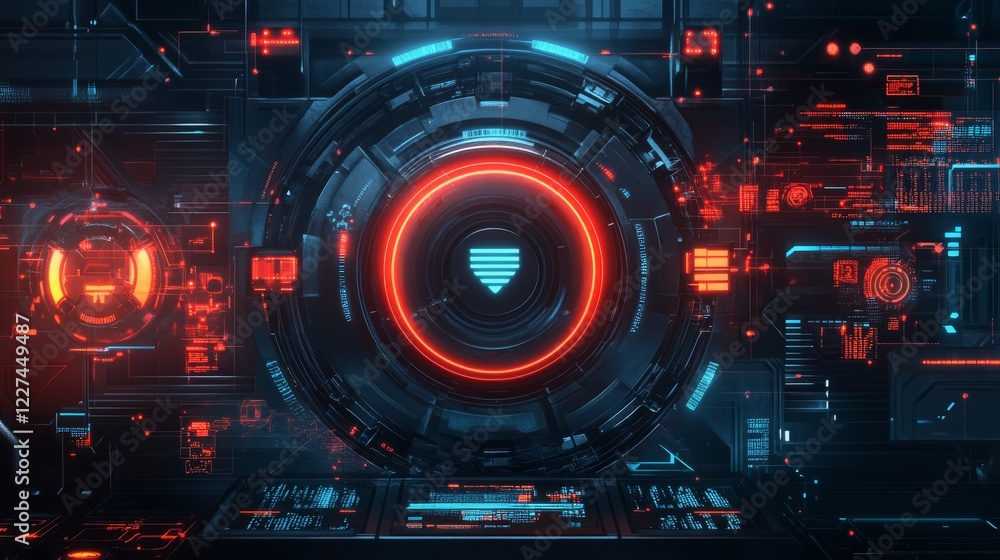 Poster futuristic cybersecurity interface with digital shield and data panels