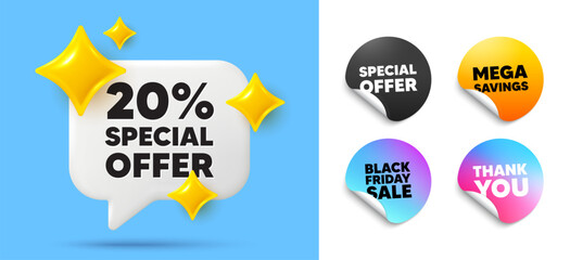 Discount speech bubble, sticker tags. Offer, Black friday stickers. 20 percent discount offer tag. Sale price promo sign. Special offer symbol. Thank you tag. 3d sparkle chat bubble. Vector
