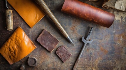 Scene of a leather tooling setup. Featuring leather pieces, stamping tools, and a finished product. Highlighting the craft of leather tooling. Ideal for DIY and craft blogs.