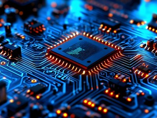 A close-up of a computer circuit board with glowing components and a central processor.