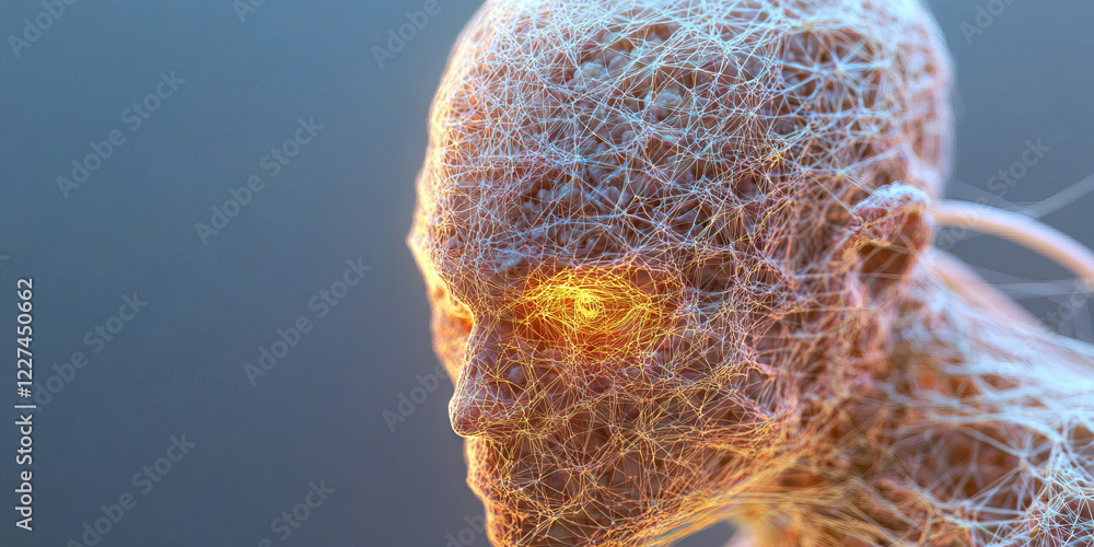 Poster three-dimensional render of human head with intricate network structure