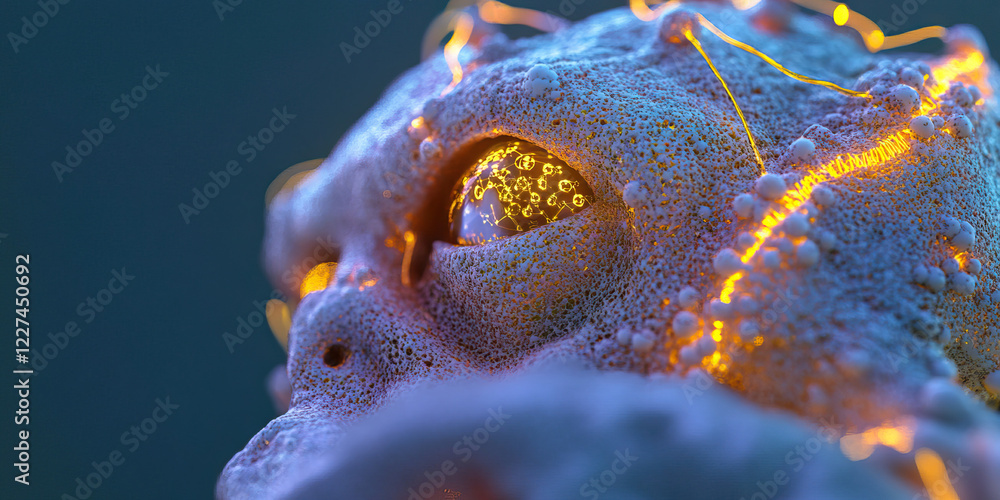 Poster digital rendering of luminous strands on porous surface with eye