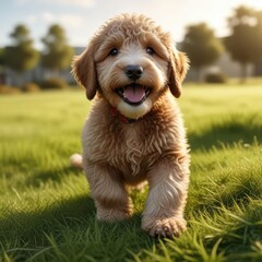 Fototapeta premium Happy Labradoodle puppy playing on soft grass, playful dog, free to roam