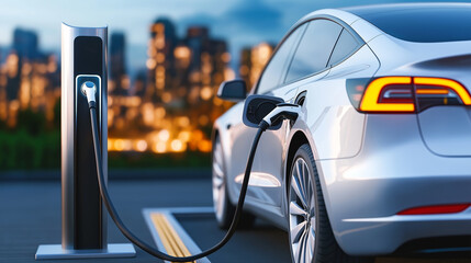 Electric vehicle connected to charging station in modern city with a blurred futuristic skyline during twilight hours
