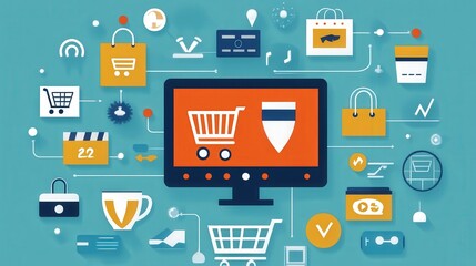 An online shopping and e-commerce setup is illustrated with icons representing sale promotions, customer orders, secure online payments