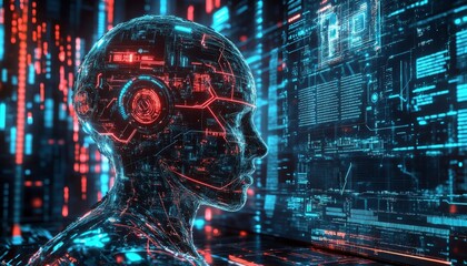 Tech humanoid artificial intelligence neon background