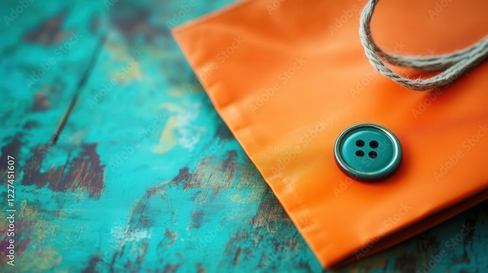 Poster an orange shopping bag with a playful button lying next to it. the vivid color of the bag and the sm