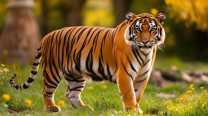 Obraz premium Majestic Tiger Walking Gracefully Through Colorful Wildflower Field