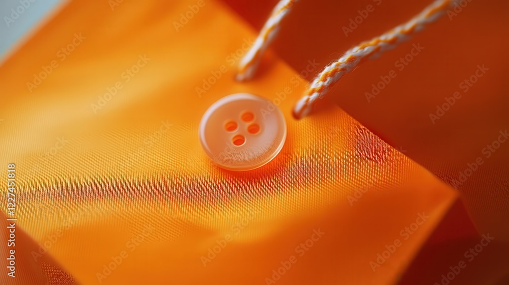 Poster an orange shopping bag with a playful button lying next to it. the vivid color of the bag and the sm