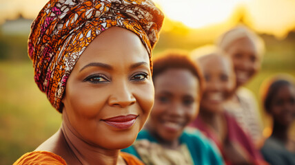 Obraz premium Beautiful African Woman Smiling in Colorful Headwrap with Friends in Nature During Golden Hour
