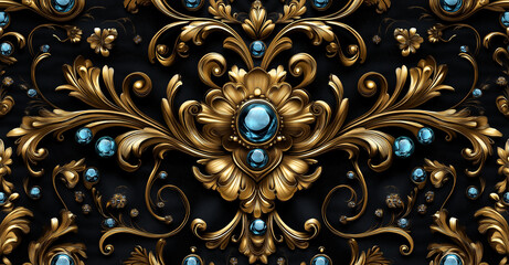 Opulent Gold and Sapphire Ornament: Intricate gold filigree swirls elegantly around dazzling sapphires, creating a luxurious and regal design.  The dark background enhances the jewel-toned brilliance.